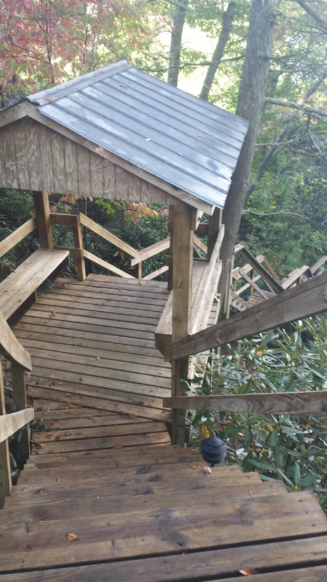Metal roofed shelter over wooden steps on a wooded walkway — Skylight Repair & Installation work by our crew in Adolphus
